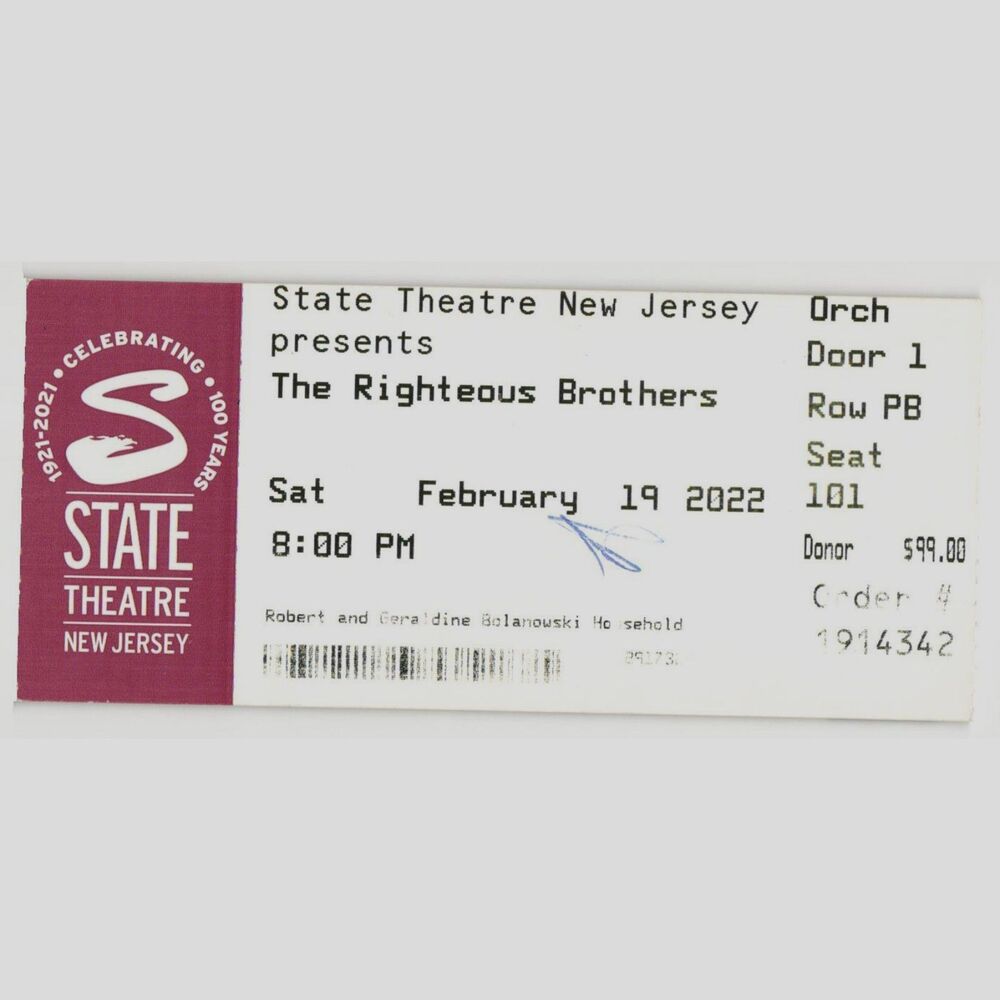 2022 Righteous Brothers Concert Ticket Stub New Brunswick NJ